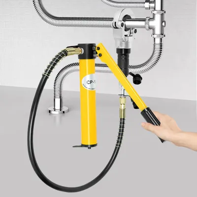Obrázok produktu pre Hydraulické lisovacie kliešte na rúrky – sada lisovacích nástrojov – lisovacia sila 6 t – 9 matíc – otočná hlava o 360° – pre PEX/meď/hliník – žltá