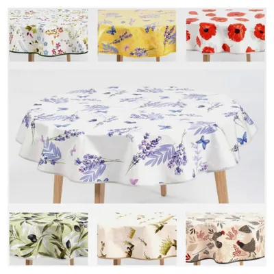 Produktbild von Runde Wachstuch Tischdecke 140 cm abwaschbar mit Paspelband, Muster: Lavendel Pastell Natur