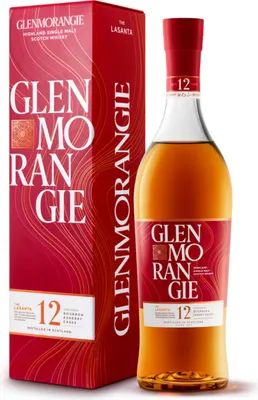 A bottle of Glenmorangie The Lasanta 12 Year Old Scotch Whisky and its gift box are presented against a white background.
