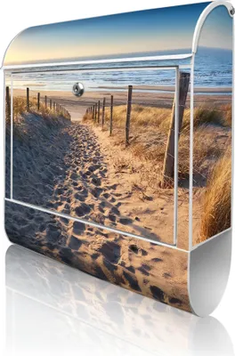 Produktbild von banjado Design Briefkasten Stahl weiß mit Zeitungsfach pulverbeschichtet "Nordseestrand" 38x46x12,5cm & 2 Schlüssel - Postkasten A4 Einwurf inkl. Montagematerial [BKW 11121]