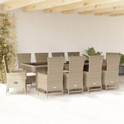 Produktbild von Design 11-tlg. Garten-Essgruppe mit Kissen Beige Poly Rattan, Gartenmöbel-Sets 2024 Neu