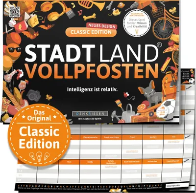 Produktbild von DENKRIESEN - STADT LAND VOLLPFOSTEN® - CLASSIC EDITION - "Intelligenz ist relativ." - A4