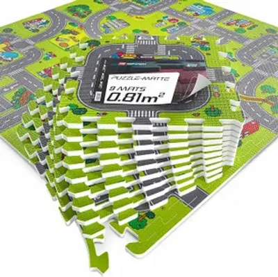 Produktbild von Hop-Sport Puzzlematte Kinder Baby - Spielmatte Stadt & Straßen, 9 -Teile, 90,5 x 90,5 x 1 cm, Puzzleteppich, rutschfeste Krabelmatte, Schaumstoff