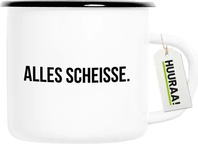 Produktbild von Huuraa Emaille Tasse Alles Scheisse Schriftzug 300ml Vintage Campingbecher Geschenkidee