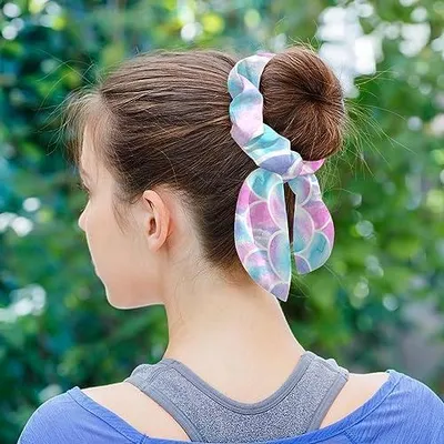 Produktbild von 6 Haargummis mit Meerjungfrau-Schuppenmuster in Blau, Haarschal mit Schleife, elastische Pferdeschwanzhalter für Frauen, Teenager und Mädchen
