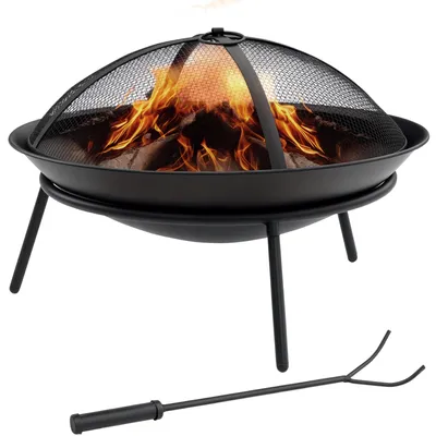 Image de Foyer d'extérieur - Brasero de jardin - Ø 47 x 33 cm - Avec protection contre les étincelles et pelle - Design rond - Noir