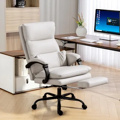 Produktbild von Bürostuhl mit Fußstütze Kunstleder Hellgrau, Schreibtischstuhl Chefsessel ergonomisch, höhenverstellbar | 66x60x121 cm | 135° neigbar | 23,5 kg