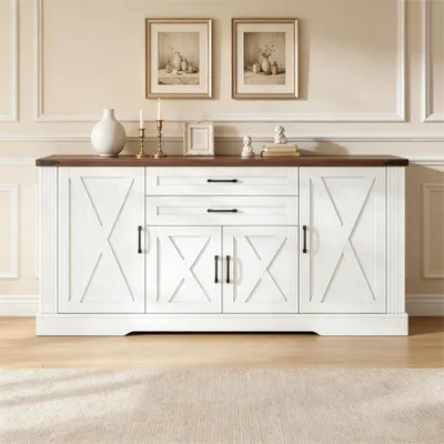 Produktbild von Merax Sideboard Küchenschrank mit Arbeitsplatte, Buffetschrank mirt 4 Türen und 2 Schubladen, Aufbewahrungsschrank, Wohnzimmer, Esszimmer, Weiß