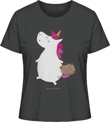 Produktbild von Mr. & Mrs. Panda Oberteil Damen Einhorn Koffer Größe M - Anthrazit - Geschenk, T-Shirt für Frauen, Einhörner, Reise, Unicorn, Gepäck, Kurzarmshirt, Abenteuer, Kurzarm