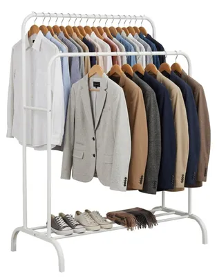 Produktbild von Relaxdays Kleiderständer, H x B x T: 146 x 110 x 56 cm, mit Ablage & 2 Kleiderstangen, Doppelgarderobe, Metall, weiß