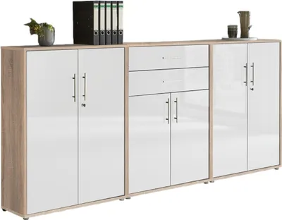 Produktbild von Aktenschrank TABOR 15 in Eiche Sonoma / weiß Hochglanz, Schrankwand, Büroschrank, abschließbar, Metallgriffe