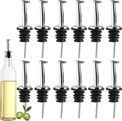 Produktbild von 12er-Pack klassische Edelstahl-Ausgießer mit konischem Ausguss – Spirituosenausgießer mit Gummikappen – Ausgießer für Fett, Öl und Essig in der Küche
