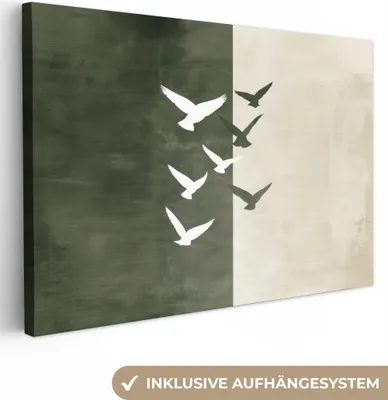 Obrázok produktu pre Plátno 120x80 cm - Japandi - Vtáky - Béžová - Zelená, obraz Moderné, nástenné dekorácie, maľba