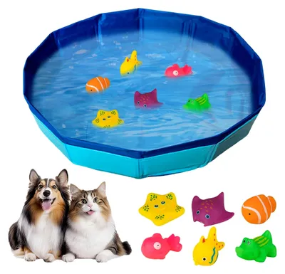Produktbild von Katzenpool 50x10cm, Faltbarer Katzenpool mit 6 Fischen, Mini-Pool für Katzen und Hunde, Planschbecken für Welpen und Katzen