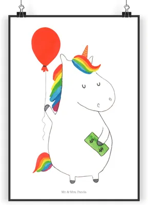 Produktbild von Mr. & Mrs. Panda Bild Einhorn Luftballon DIN A5 - Weiß - Geschenk, Einhörner, kunstdruck poster, Wandbild, Geld, Plakat, Unicorn, Deko, Freundin
