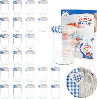A collection of glass jars with checkered lids, a product box, and a decorative plate.