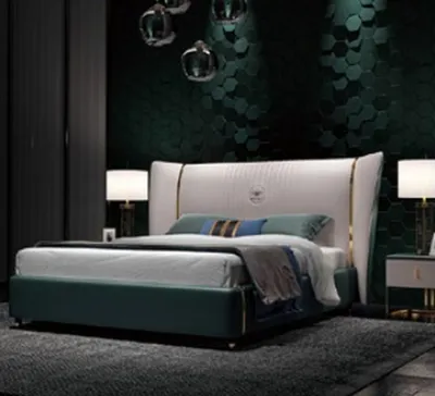Produktbild von Luxus Schlafzimmer Doppelbett Bett 180/200x200cm Leder Metall Neu Hotel Betten