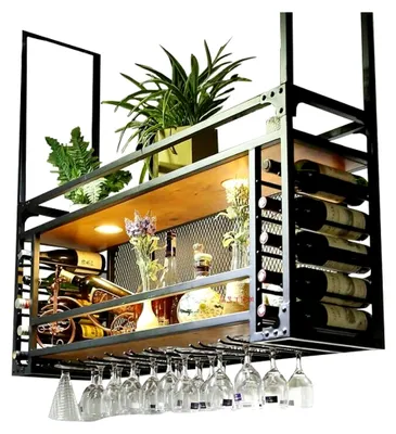 Produktbild von Deckenregal Hängend Weinregal mit Glasablage, 2-Lagiger Schwimmende Regale,für Bars/Restaurants/Küchen(160cm)