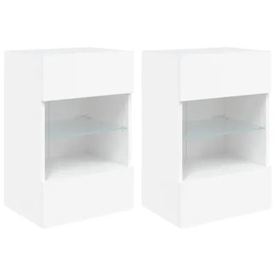 Two white wall cabinets with glass shelves are shown against a white background.
