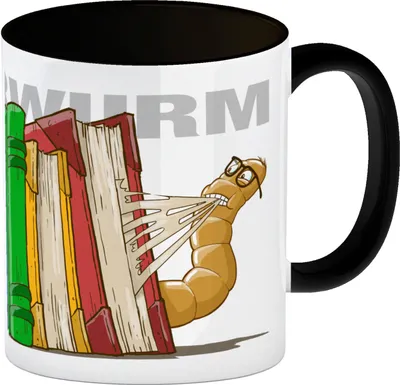 Produktbild von Kaffeebecher Schwarz Bücherwurm für Bibliophile lesen schlau Lehrer alte Bücher