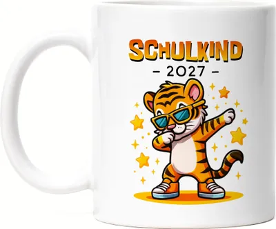 Produktbild von Schulkind 2027 Tasse Weiß Geschenk Tiger Dabbing Einschulung Erstklässler Schule
