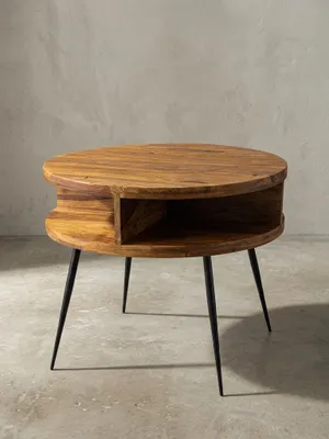 Produktbild von Massivholz sheesham Couchtisch, rund, 4 Ablagefächer, schwarzes Metallgestell. 60x60x45 cm | Kadima Design