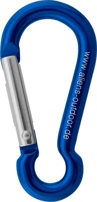 Blauer Materialkarabiner "Mini Schnapper" von Aliens; 6 cm; für Klettern geeignet.