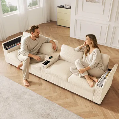 Immagine prodotto di Divano Merax a 4 posti, divano lounge con USB e Type-C, 2 cuscini, bracciolo con vano portaoggetti, divano moderno imbottito in velluto a coste, ufficio e soggiorno, beige