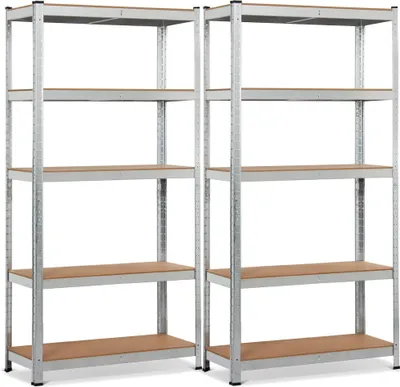Two silver metal shelving units with wooden shelves are shown side-by-side against a white background.