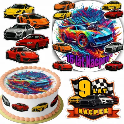 Zdjęcie produktu dla Zestaw Opłatek Na Tort 20Cm + 16 Postaci - Auta Wyścigowe + Imię 15Cm 18Cm