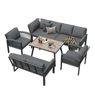 Produktbild von Garten-Lounge-Set,Möbelset,Seilwerk,großer Tisch mit Holzmaserung,mit verzinktem Eisengestell,verstellbare Beine,inklu.Sitz- und Rückenkissen