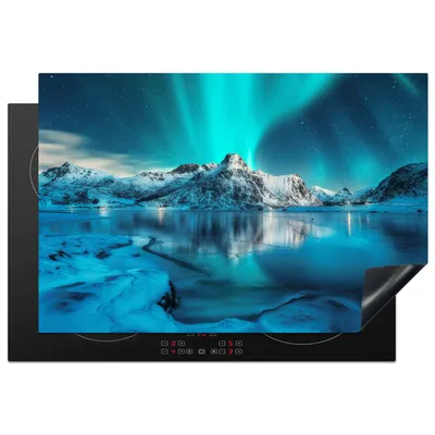 Produktbild von KitchenYeah© Herdabdeckplatte Nordlicht - Eis - Schnee - Norwegen - Blau - Berge , 78x52cm, Küche Deko, Glaskeramikkochfeld Herdabdeckung, Abdeckplatte fùr Kochfeld
