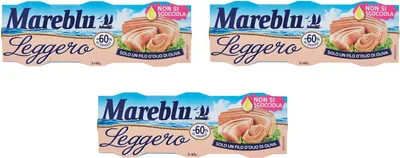 Produktbild von 3x Mareblu Tonno Leggero Thunfisch mit etwas Olivenöl -60% Fett Thunfisch konserven ( 3 x 60g )