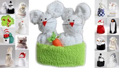 Produktbild von Frottier Geschenk Set viele Modelle Handarbeit Origami Gästetuch Handtuch Waschhandschuh, Motiv/Art:Hasenpaar