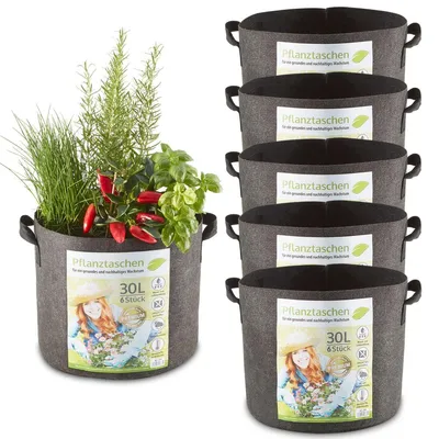 Produktbild von Pflanzsäcke 6er Set 30 Liter zooprinz | 260 g/m² Fleecestoff | Witterungsbeständig | Atmungsaktiv | Mehrfach verwendbar | Pflanztasche