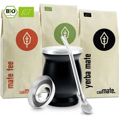 Produktbild von Mate Tee Set  ● 3 Matesorten + doppelwandiger Edelstahl Matebecher + Bombilla + Zubereitungsanleitung (schwarz)