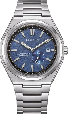 A close-up studio shot of a men's wristwatch with a blue textured dial and a silver metal band.