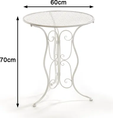 A white metal bistro table with decorative scrollwork on its legs, shown against a white background with dimensions indicated.