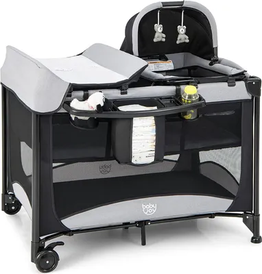 Produktbild von COSTWAY 5 in 1 Babybett, faltbares Babyreisebett mit Wickeltisch & Wiege, 2 Ebenen Babyspielbett mit Spielzeug & Matratze & Aufbewahrungskorb & Tragetasche & Rollen, 45kg belastbar, Schwarz