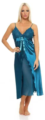 Produktbild von Damen langes Negligé Nachtwäsche Nachtkleid Dessous Satin; Petrol S