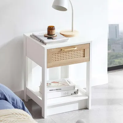 Produktbild von Rattan Beistelltisch mit Schublade Nachttisch Weiß Wohnzimmer Schlafzimmer Modern 55x40x40