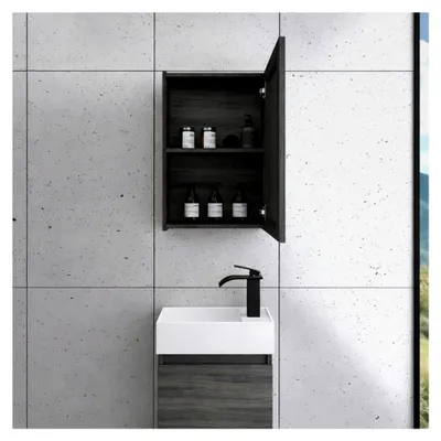 Produktbild von Faizee Home | Badmöbel Set Grau – Waschtisch mit Unterschrank, Keramik-Waschbecken & Spiegelschrank | Inklusive Wasserfall-Armatur in Schwarz | Modernes Badezimmermöbel mit elegantem Design
