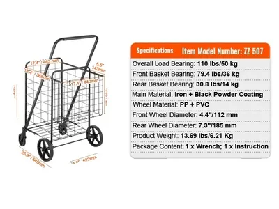 Obrázek produktu pro Nákupní vozík, velká kapacita, otočná kolečka o 360°, 106LBS