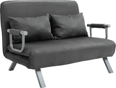 A gray sofa bed with two cushions and silver legs and armrests is shown from a front-side angle.