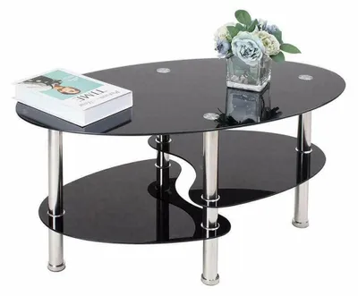 Produktbild von Glas Couchtisch - Ovaler Couchtisch 3 Ebenen - Metallgestell - Mit Ablageflächen - 90x50x45 cm - Wohnzimmer und Büro - Schwarz
