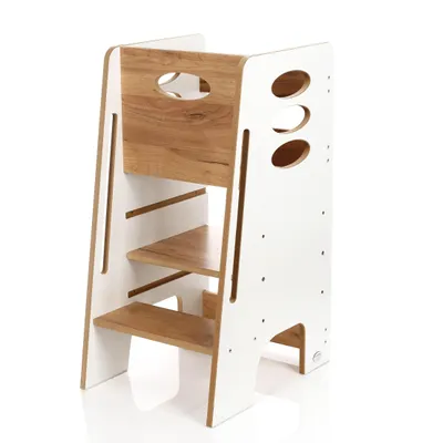 Zdjęcie produktu dla Kitchen Helper/ Kids Helper/ Stołek edukacyjny Montessori / Wieża edukacyjna / Pomocnik kuchenny / Wieża kuchenna Montessori/ KH-340 biało-dębowy