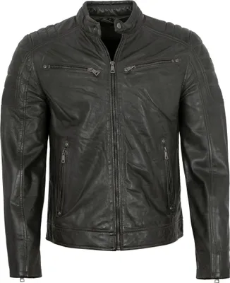 A black leather jacket is shown against a white background.