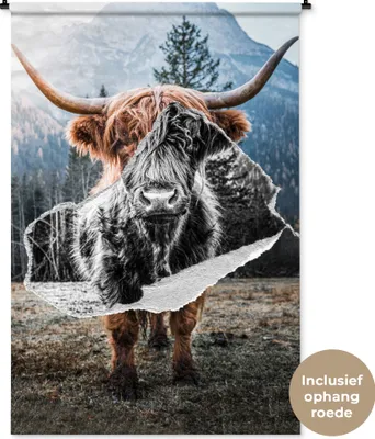 Produktbild von MuchoWow® Wandteppich Wandbehang Scottish Hochlandrind - Schwarz - Weiß 120x180 cm Tapisserie Dekoration Wandtuch - Schlafzimmer - Dekorationen für das Haus