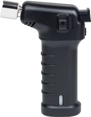 A black butane torch with a silver nozzle is shown against a white background.