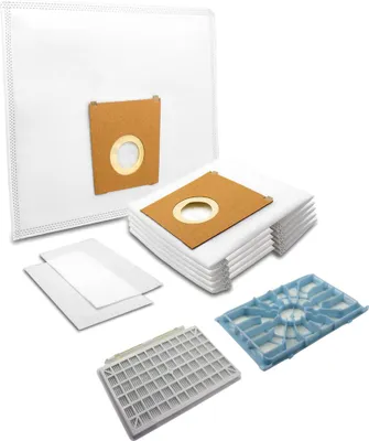 A collection of vacuum cleaner bags and filters arranged on a white background.